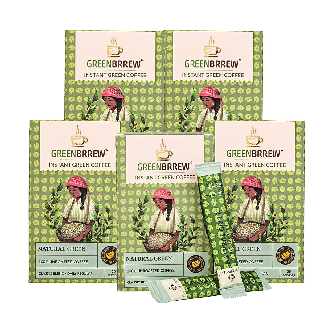 Greenbrrew Natural Green | 100% Unroasted Coffee | Classic Blend | Daily Regular | 20 Servings | 60g (Pack Of 5)