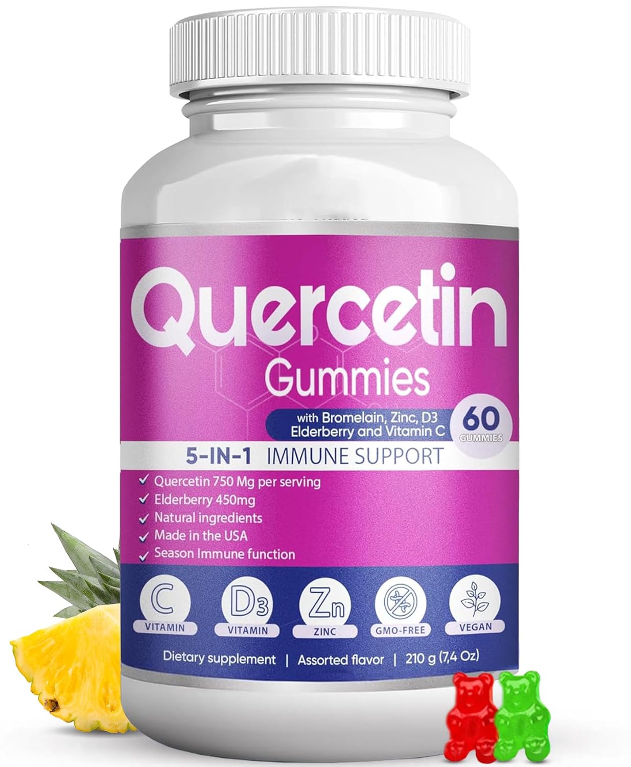 Quercetin Gummies by BioVitalica - Quercetin with Bromelain Vitamin C and Zinc Elderberry Vitamin D3-5 in 1 Immune