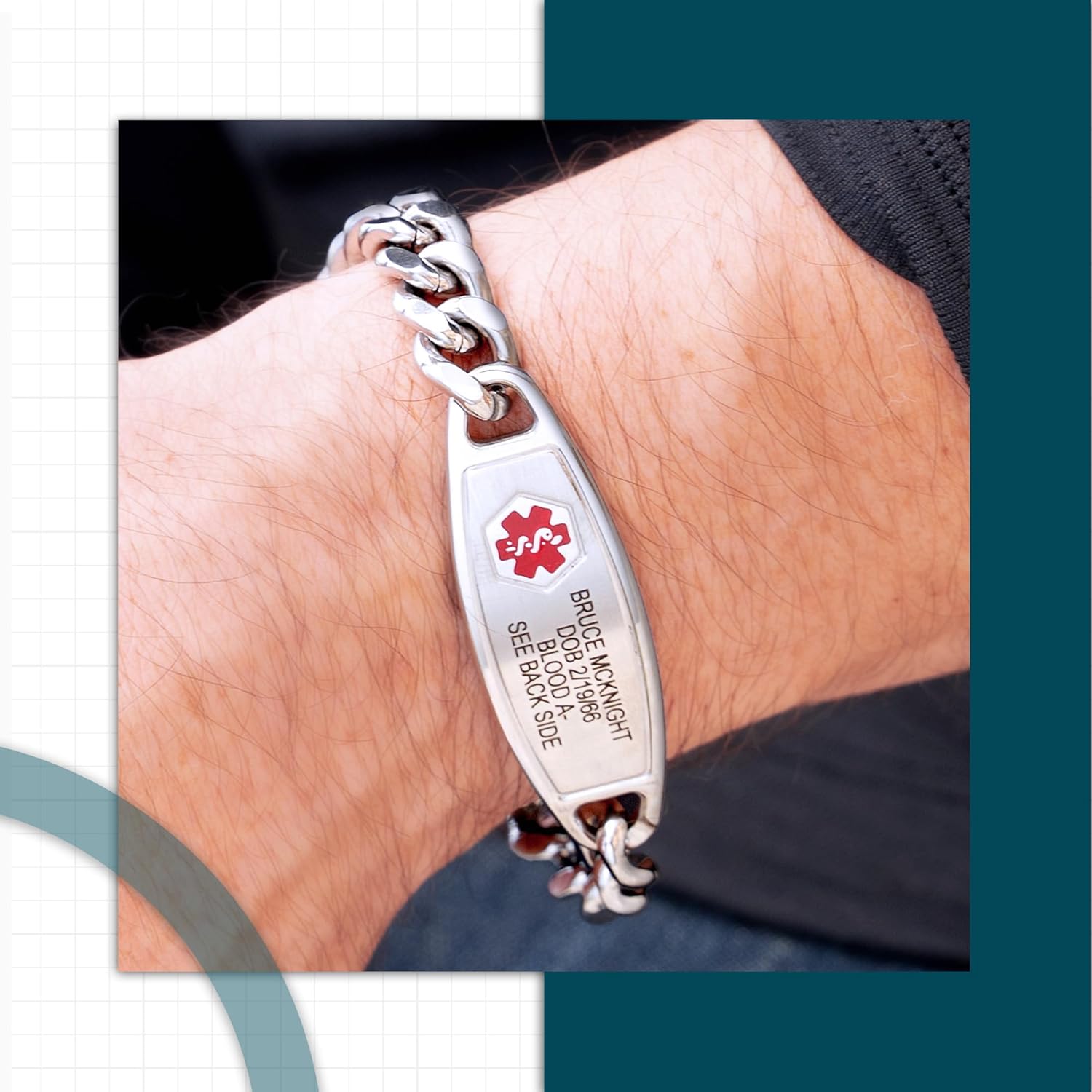 Divoti Custom Laser Engraved Medical Alert Bracelet for Men | 6-9" Curb Chain with Lobster Claw | Dual-Sided Personalized ID with Red Caduceus | Stainless Steel, Durable Waterproof Design