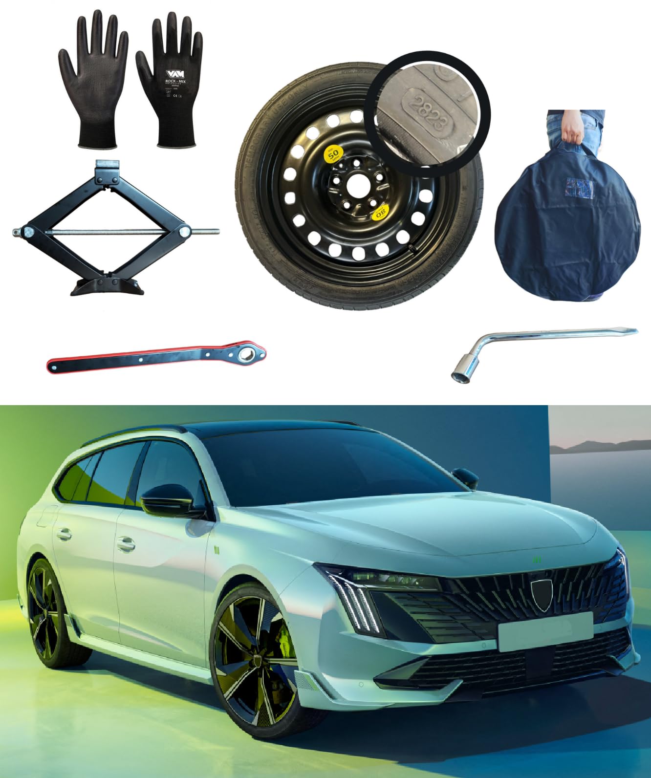 Kit Ruotino di Scorta 17" compatibile con Peugeot 508 con Cric, Chiave, Guanti e Sacca