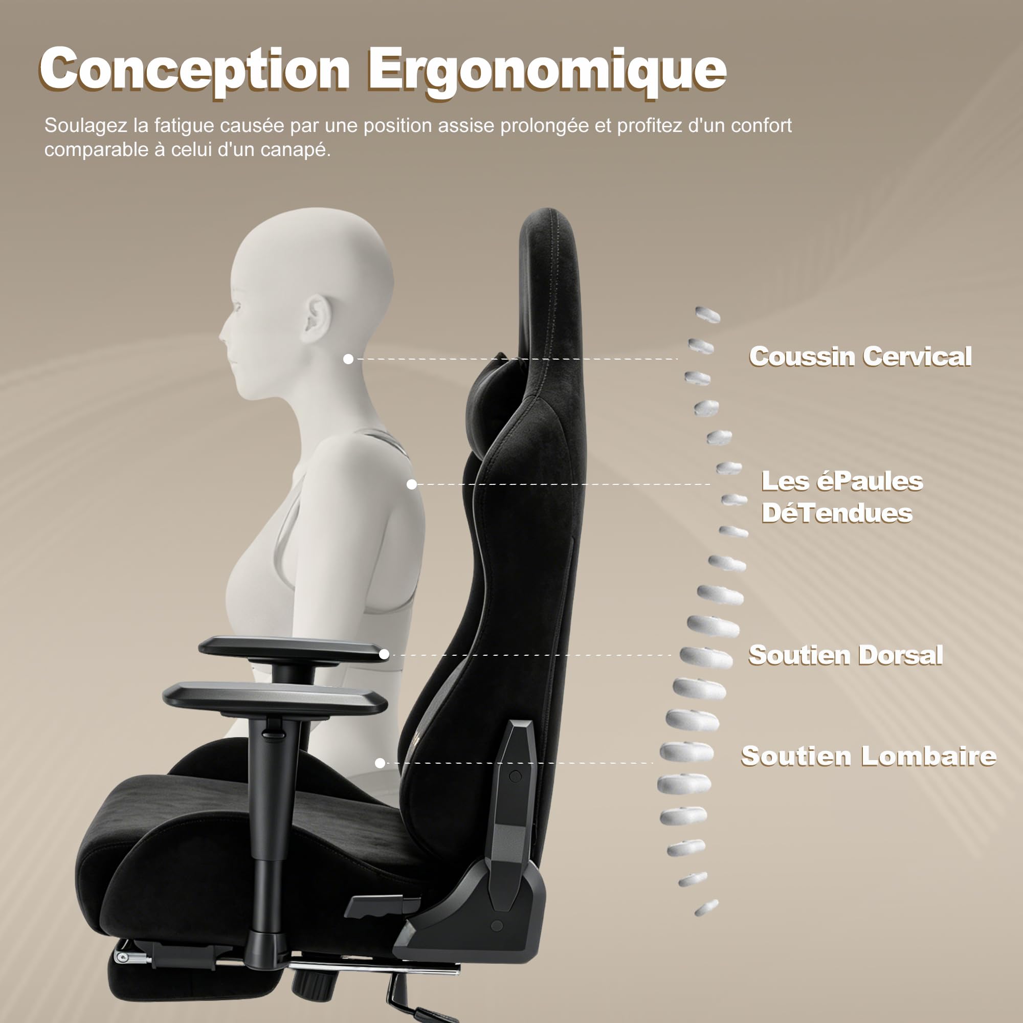 Symino Chaise Gaming Ergonomique et Fauteuil Gamer avec Repose-Pieds Télescopique Coussin à Ressorts, Support Lombaire et Hauteur Réglable 200kg (Faux Daim, Noir)
