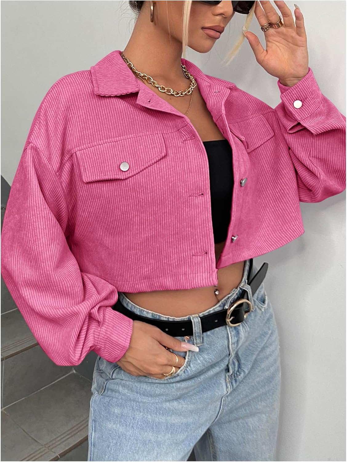 SHENHE Women's Corduroy Jacket Button Down Cropped Shacket Long Sleeve Fall Jacket Outwear - Image 4