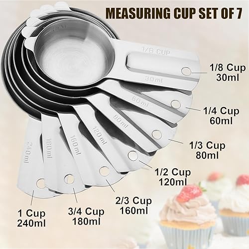 Miniatura 2 de Juego de 7 tazas medidoras apilables de acero inoxidable, resistentes, perfectas para ingredientes secos y líquidos, tazas medidoras anidables para
