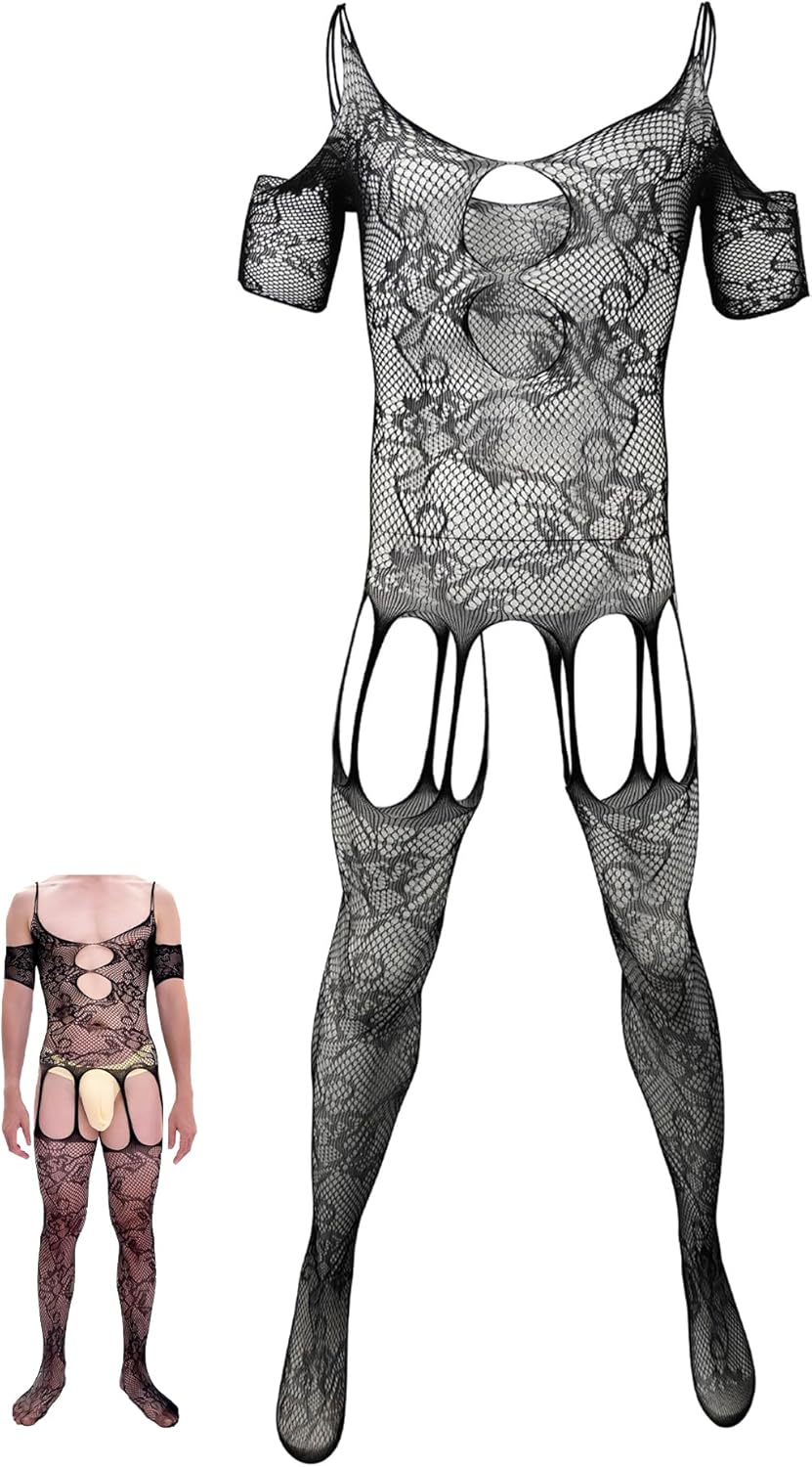 Men Lace Lingerie Sissy for Men Black Fishnet Lingerie Bodysuit Elastic One Piece Nightgown