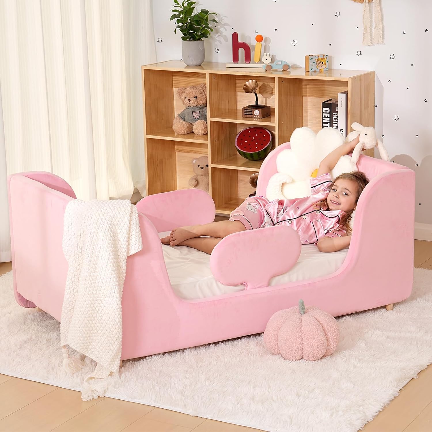 NAIZEA Toddler Bed,Upholstered Montessori Toddler Floor Bed Frame,Crib Size Low Profile Soft Kids Platform Bed for Boys & Girls,White