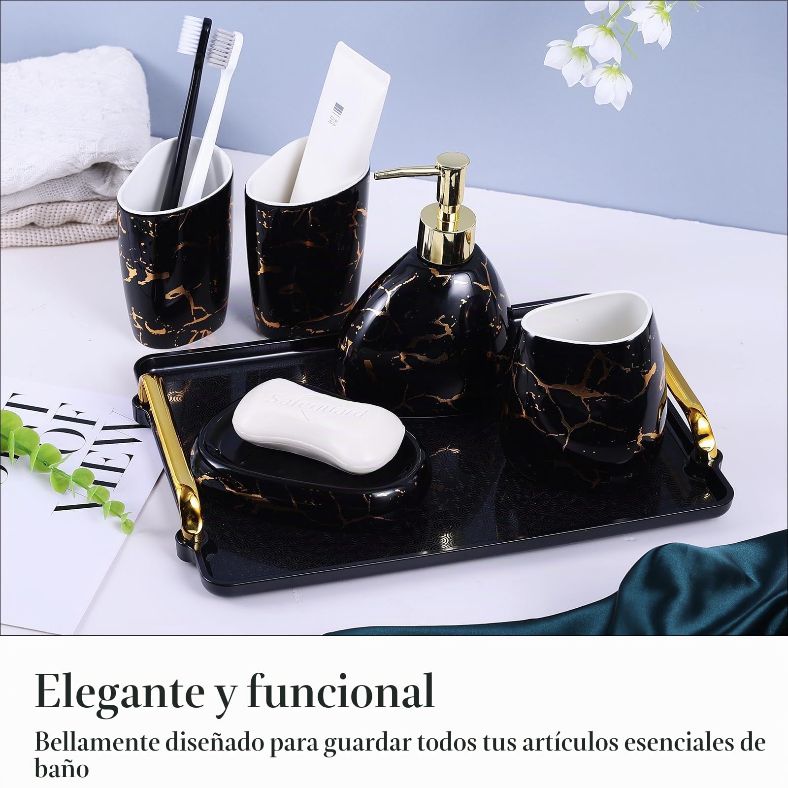 Juego de accesorios de baño negro, decoración de baño con aspecto de mármol dorado, juego moderno de 6 accesorios de baño, completo con dispensador de jabón, soporte para cepillo de dientes,
