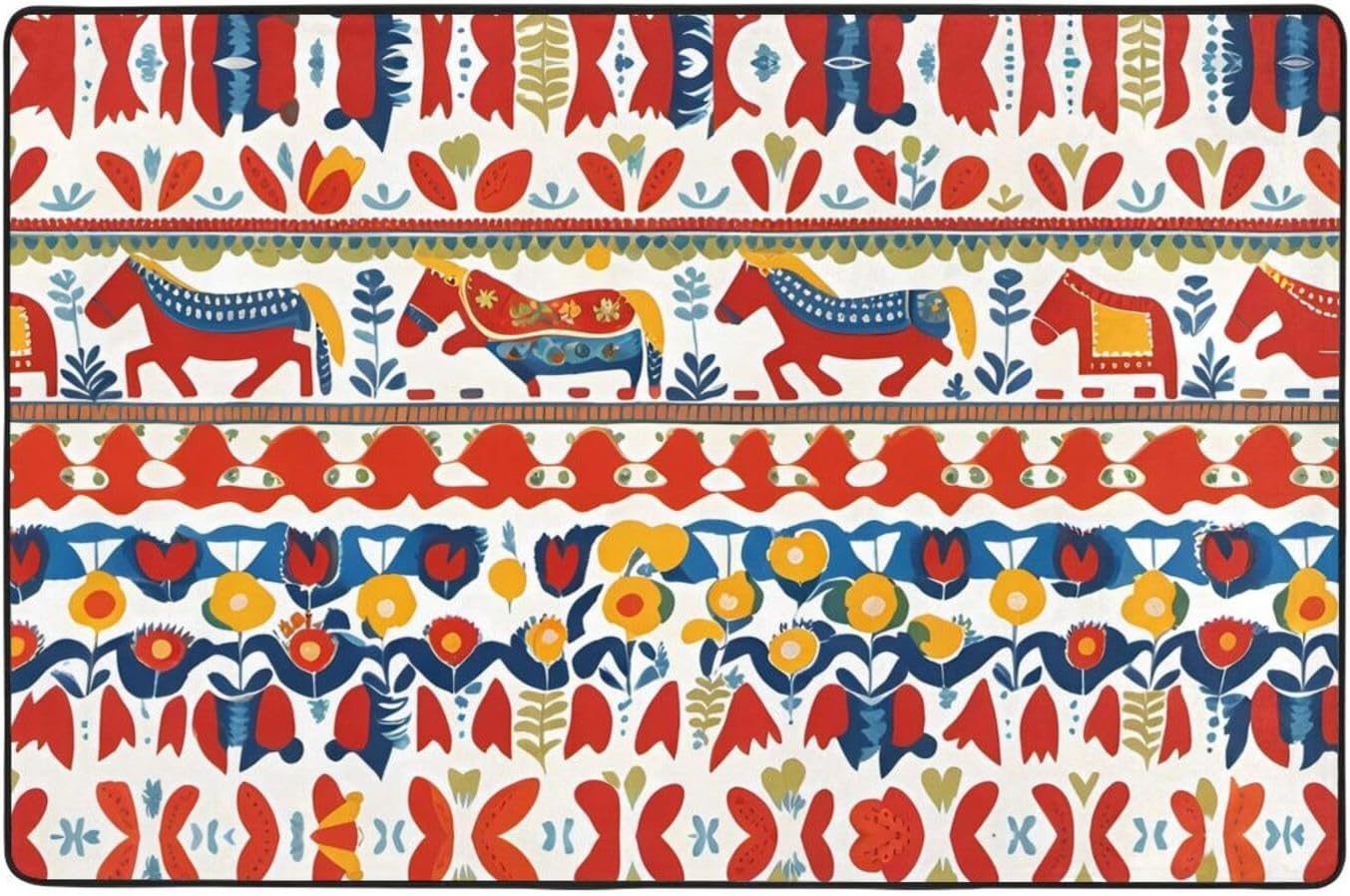 Runner Swedish Dala Horse Folk Prints Anti-Slip Floor mat Carpet Rug 72"x48" for Living Room Office Coffee Table Bed Balcony