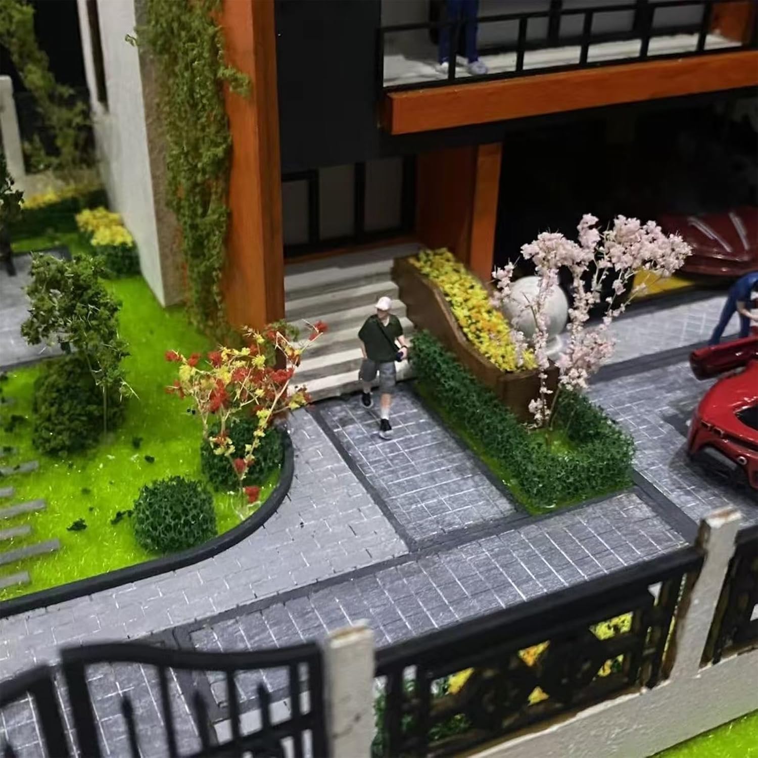 1/64 Scale Diorama Modern DIY Unpainted Architectural Model Kit, Contemporary House Diorama with Miniature Car Display and Landscape, City Street Villa Building Scene Set, 11.8x11.8x7.87 Inches