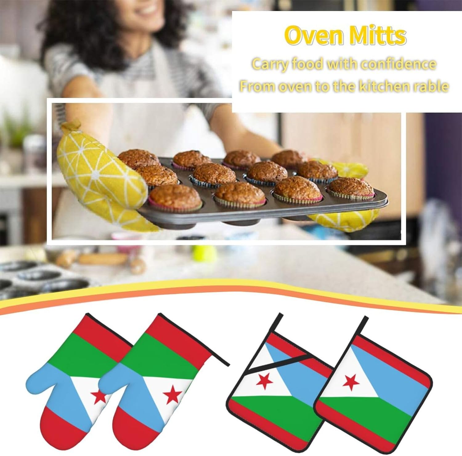 Flag of Djibouti Oven gloves and heat-resistant mat 4-piece set. Suitable for grilling, microwave oven frying, and baking