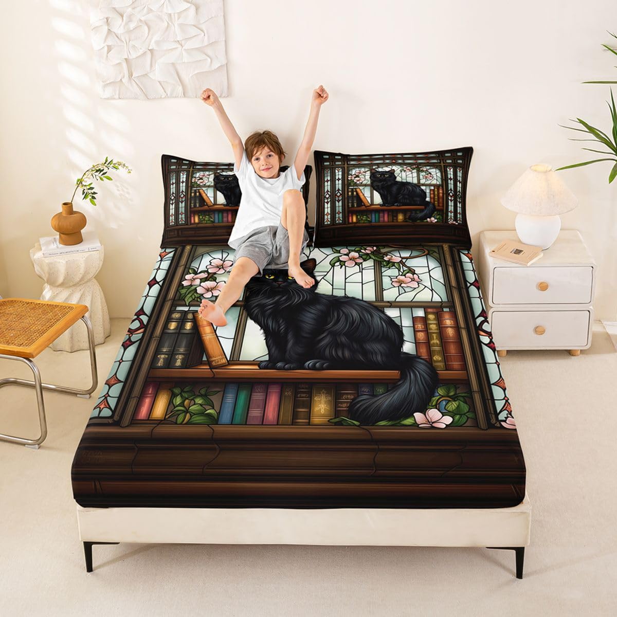 Sábana bajera ajustable con diseño de gato lindo tamaño King (no plana), juego de ropa de cama de 3 piezas, decoración de habitación de niñas, niños y mujeres, sábanas vintage de flores victorianas