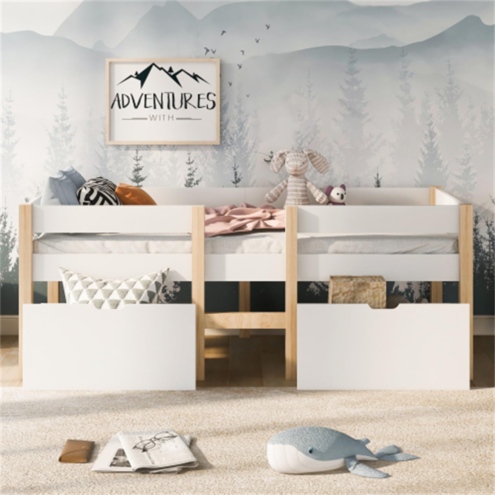 Cama alta para niños, habitaciones juveniles, madera de pino maciza, 90 x 190 cm, cama de almacenamiento multifuncional con cajones y protección contra caídas, colchón no incluido