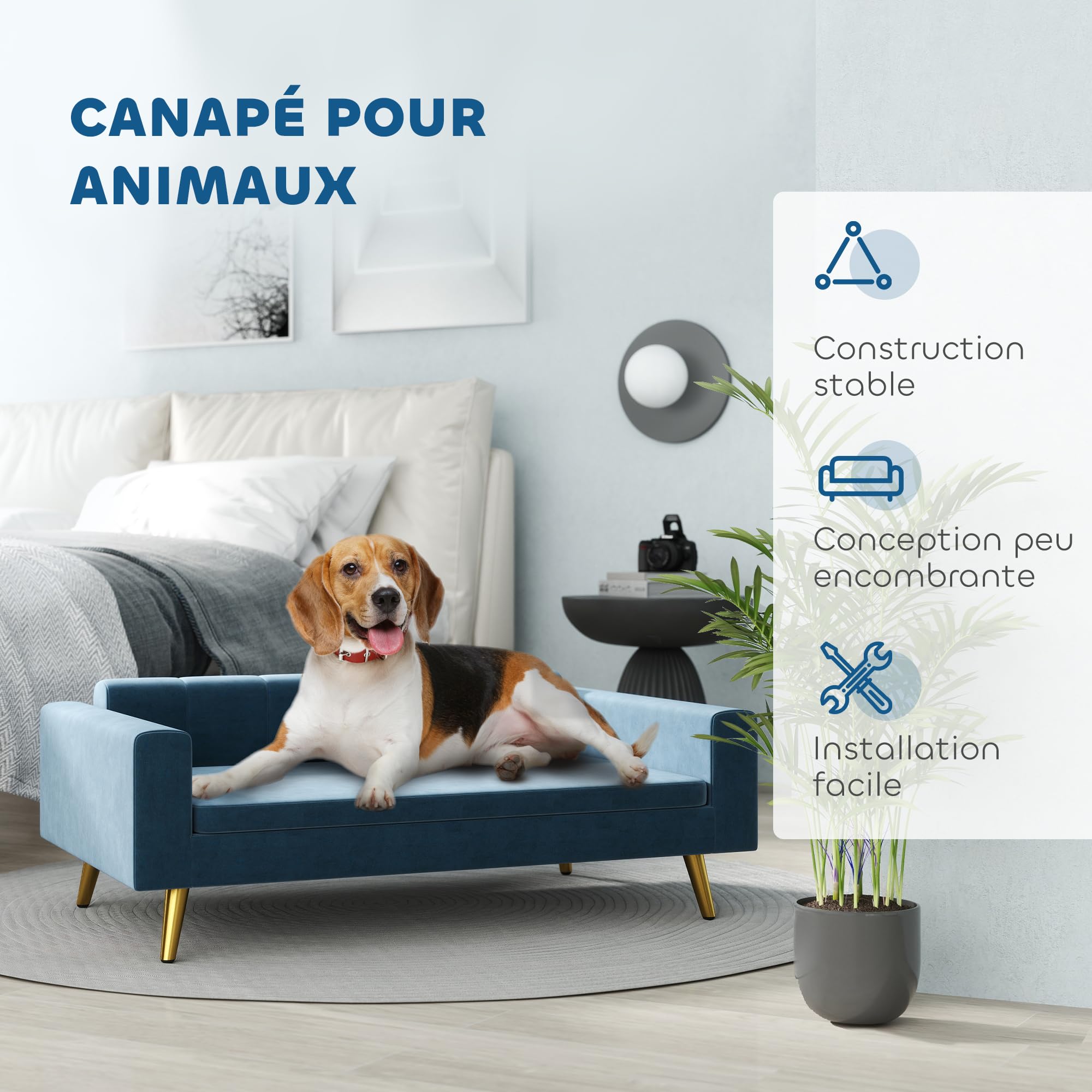 PawHut Canapé Chien, lit pour Chien, revêtement en Velours Soyeux, 94 x 59,5 x 31,5 cm, Design scandinave, canapé pour Chien sur Pied, avec Coussin Moelleux, Pieds en Acier Inoxydable, Bleu
