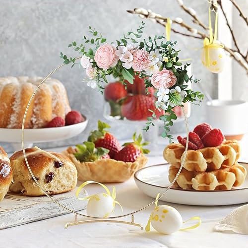 Miniatura 5 de 10 piezas de centro de mesa de aro floral de metal de 12 pulgadas con soporte para mesa, anillos de corona de metal con soporte, anillos de aro