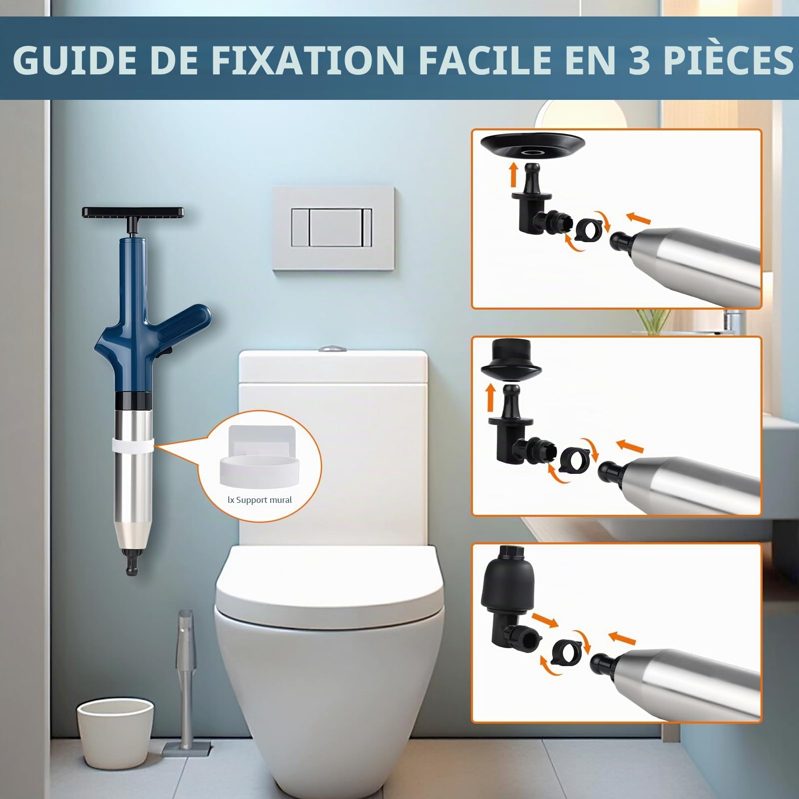 Kit de déboucheur 5 en 1 à air comprimé – Pompe de débouchage avec corps en acier inoxydable 304, indicateur de pression d'air et 8 embouts – Pompe WC pour toilettes, lavabo, douche, cuisine