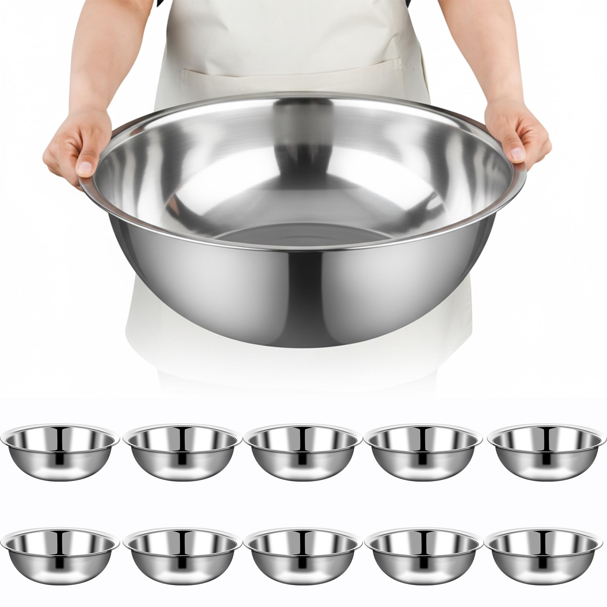 Condition photo showing New/Like New for TREEHAC 10 Pcs Stainless Steel Mixing Bowls Metal Mixing Bowls Extra Large Basin Salad Bowl with Deeper Edge, Dishwasher Safe, Mirror Finish for Home and Commercial, Silver (16 Inch 13 Qt)