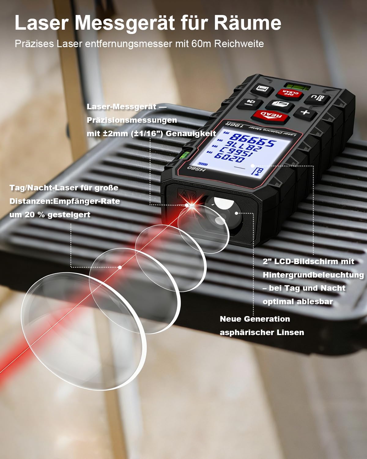 Laser Entfernungsmesser Messgerät für Räume - Dual-Level IP54 Wasserdicht, Entfernungs-/Flächen-/Volumenmessung, Großes LCD mit Hintergrundbeleuchtung, für Innen- & Außenbereich