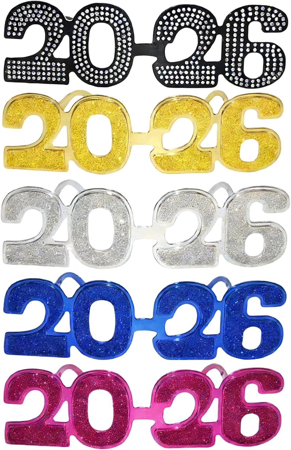 Bling Glasses Decorations | 2026 Happy New Year Glasses 5 Pieces | for Photo Props Men Women Family Guests Birthday Celebration Indoor Outdoor Graduation