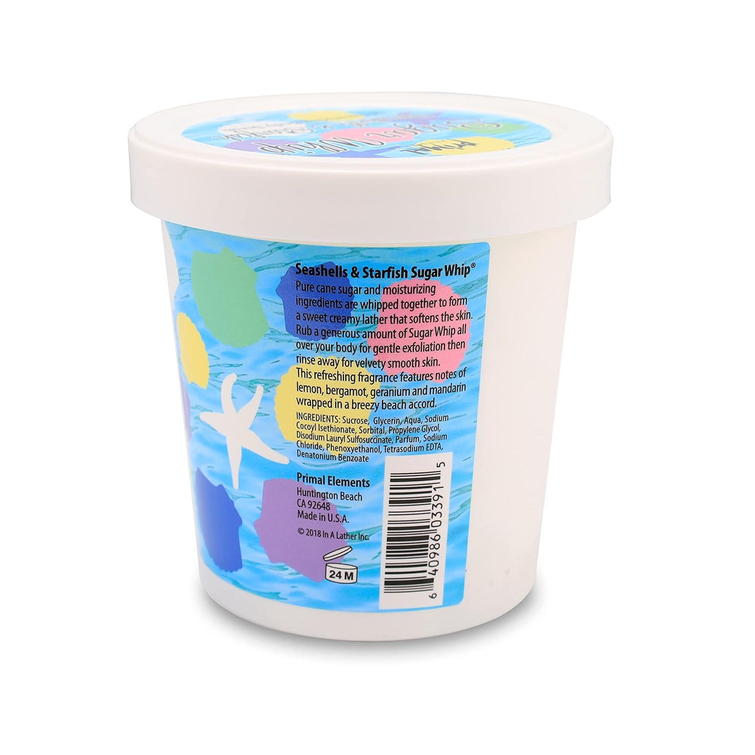 Primal Elements Sugar Whip Exfoliating Scrub Body and Face Cleanser for Silky Smooth Moisturize All Skin Types Seashells & Starfish 10 Ounce