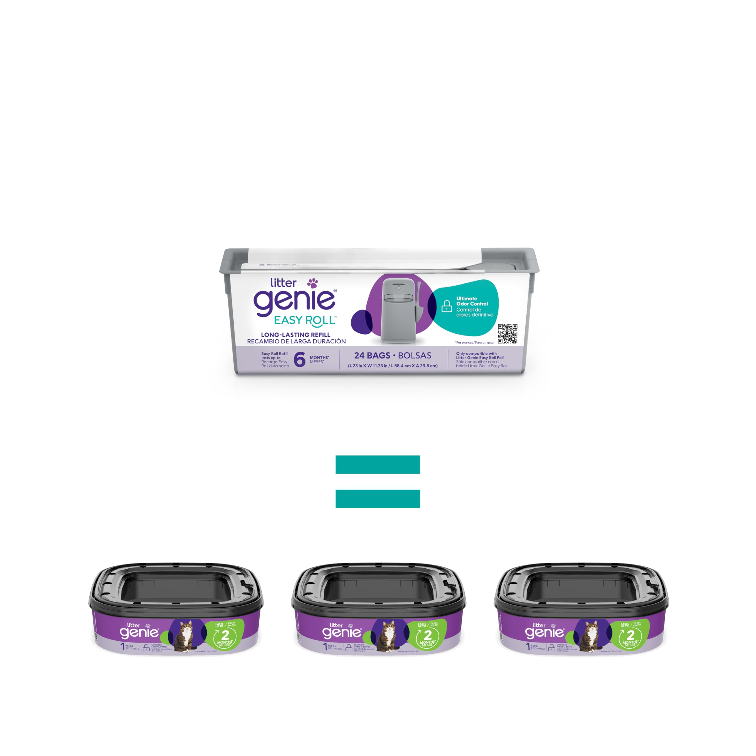 Litter Genie Bolsas de repuesto Easy Roll (paquete de 1) | Incluye un rollo de 6 meses de larga duración de 24 bolsas | Bolsas de arena para gatos con control de olores definitivo