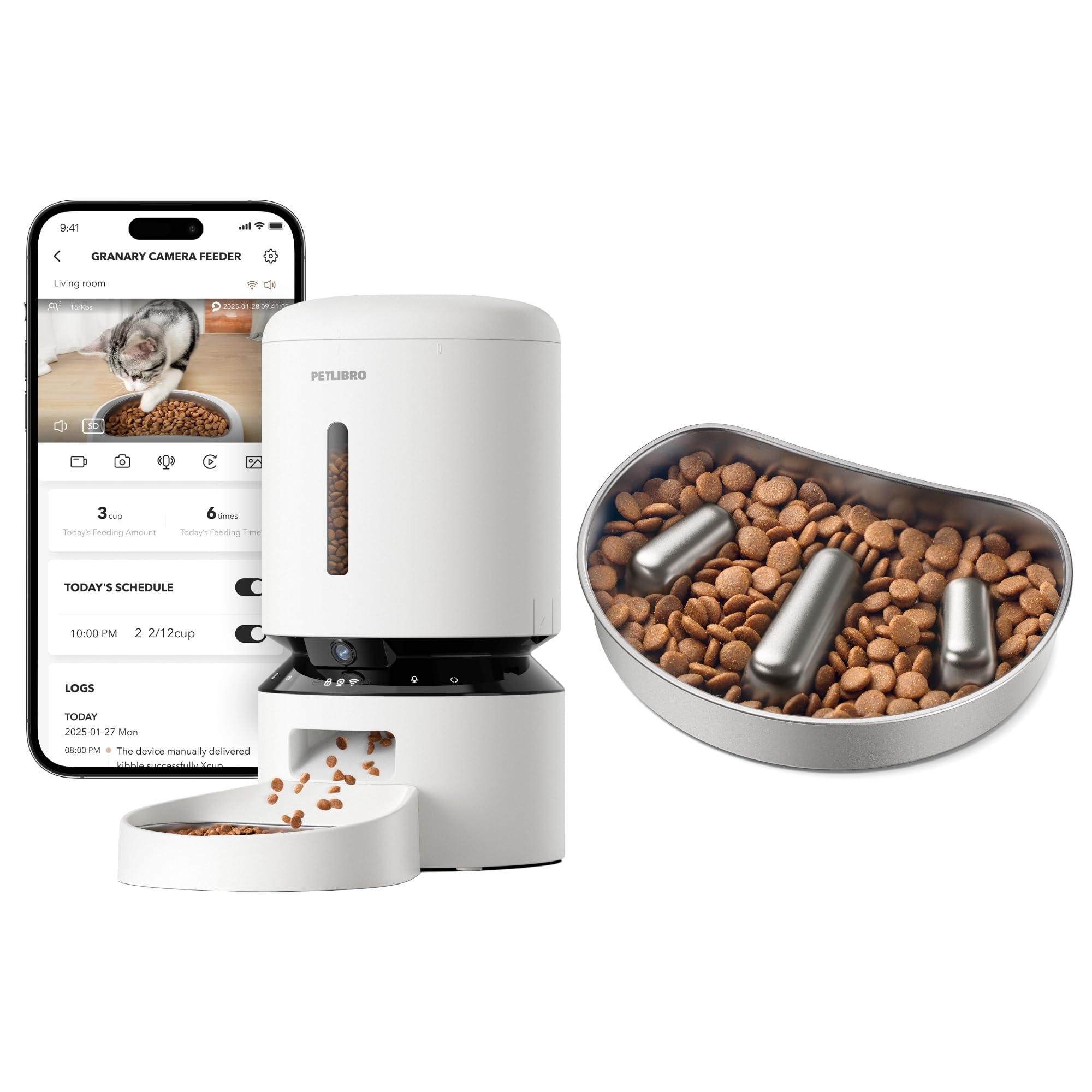 Bundle of PETLIBRO Automatic Cat Feeder with Camera, 1080P HD Video with Night Vision + PETLIBRO Slow Feeder Bowl for Small Dogs & Cats, 1.125 Cup— Anti-Gulp Stainless Steel Dog & Cat Bowl