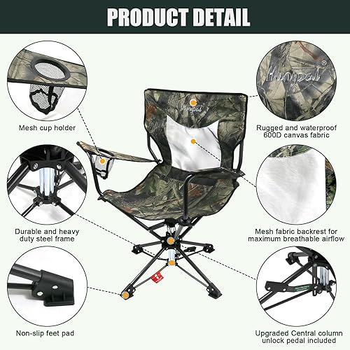 Miniatura 4 de HUNTPAL Asiento de caza giratorio de 360 para exteriores, perfecto para caza, persianas de caza, asiento de tiro de pesca plegable con reposabrazos,