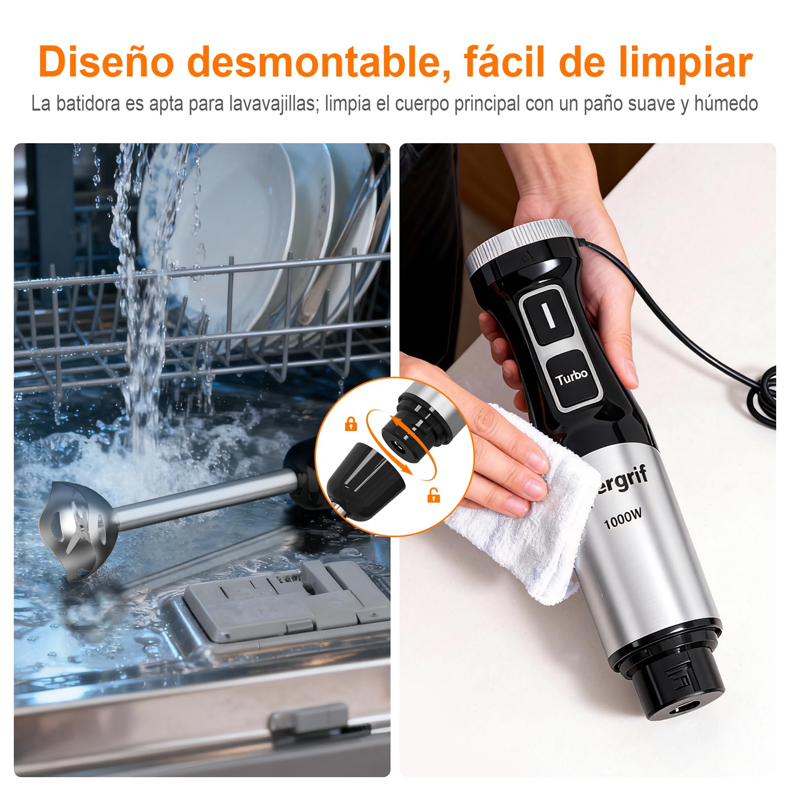 Ibergrif Batidora de Mano 1000W de Acero Inoxidable para Uso Diario con Control de Velocidad Progresivo y Botón Turbo para Sopas Purés Smoothies y Salsas