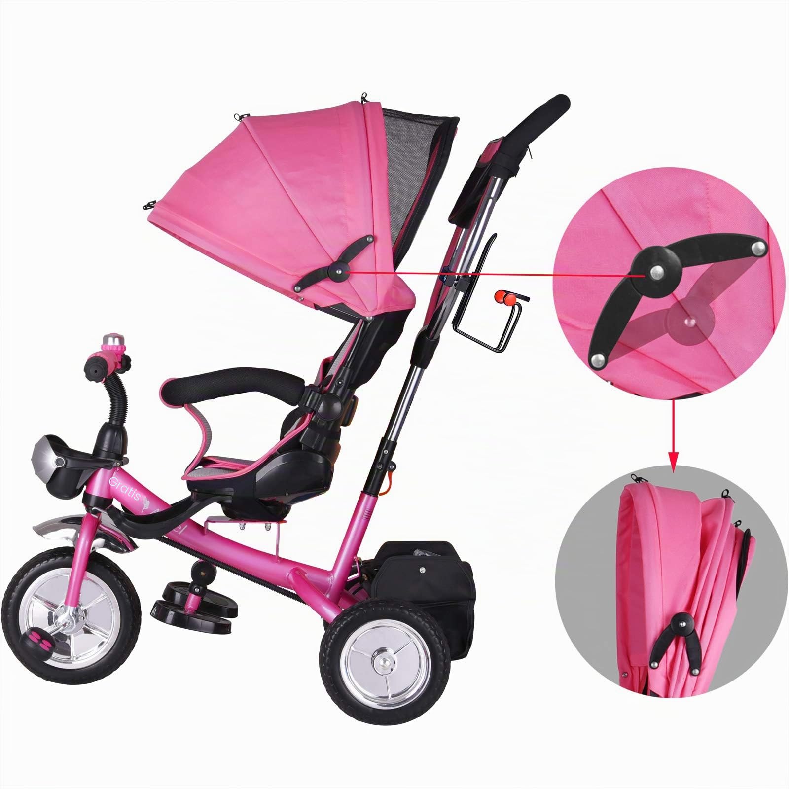 SPIELWERK® Triciclo Evolutivo Bicicleta Niños Carga Máxima 30Kg Cochecito Bebe Pedales Reposapiés Barra de Empuje Techo Plegable Portavasos Rosa