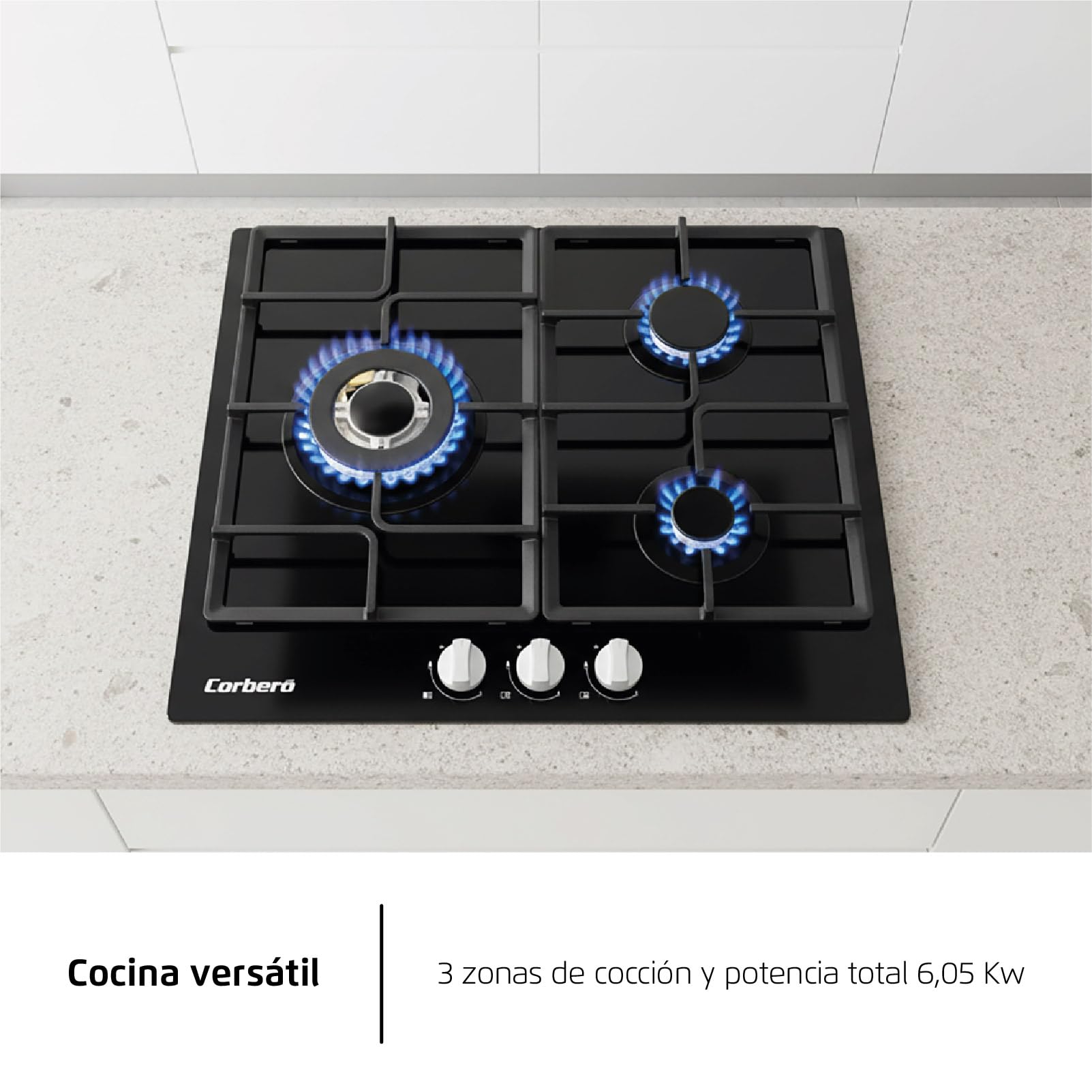 Corberó - Plaque gaz butane 60 cm| CPCGM3F3126N | Puissance 6,05 kW | 3 zones | Zone Wok | Auto-allumage | Couche de protection Clean+ | Arrêt automatique | Verre noir