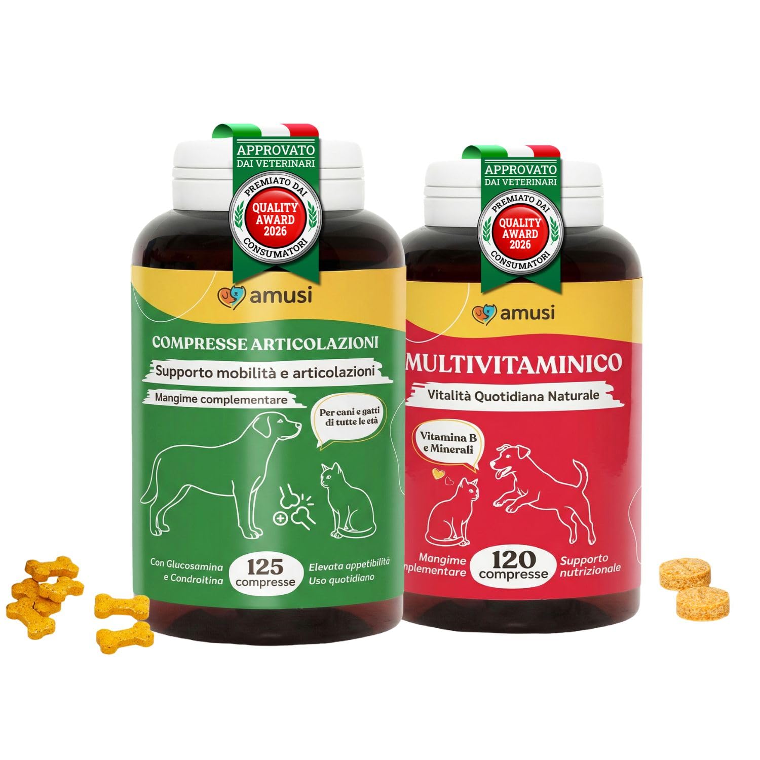 amusi Multivitaminico + Articolazioni Per cani e gatti: Integratore 120 Compresse con Vitamine, Taurina e Lievito + Supporto Articolare 125 Compresse con Glucosamina, Condroitina, MSM e Curcuma