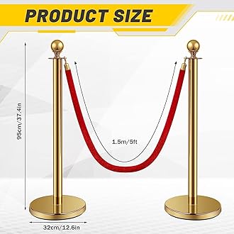 Stainless Steel Stanchion Post Queue 5 ft Red Velvet Rope Red Carpet Ropes and Poles Crowd Control Barriers Sand Injection Hollow Base and Velvet Ropes Set for Party Supplies (6 Pieces, Gold)