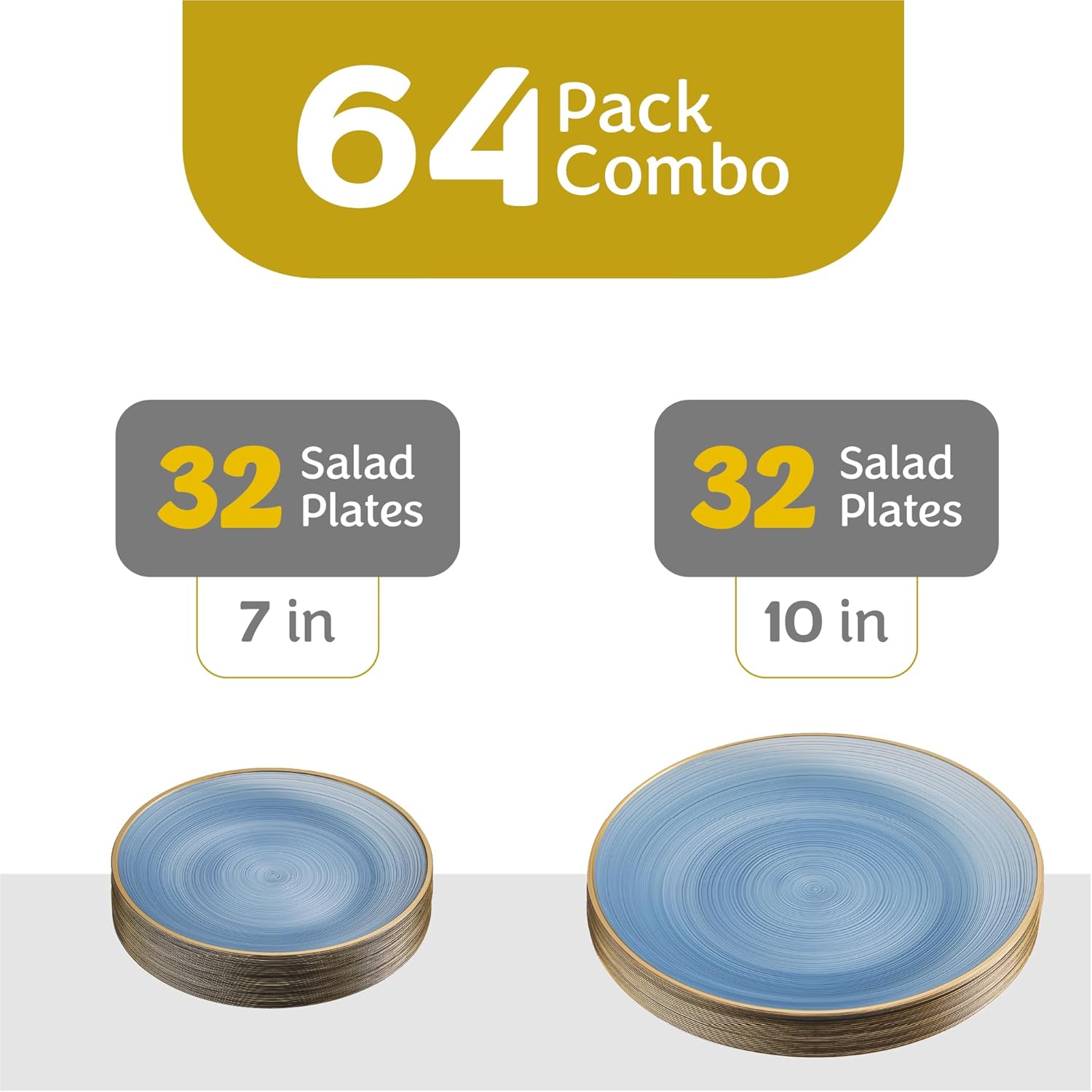 PLASTICPRO 64 Pieces Crystal Design Plastic Plates Combo Pack 7 inch and 10 inch Gold Rim Elegant Disposable Plates, Transparent Blue