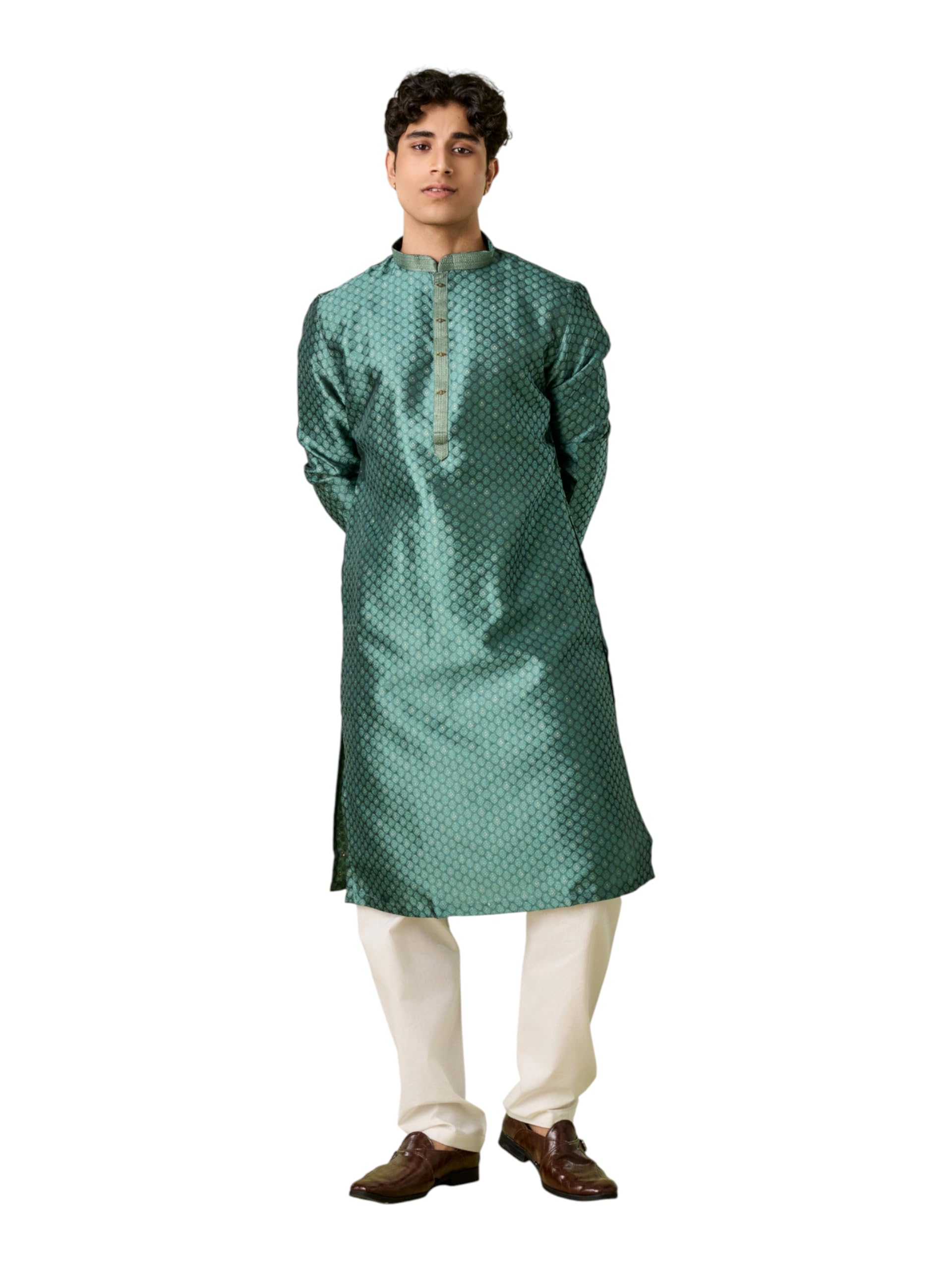 diwas by manyavar Men's Art Silk Solid Neck Embroidered Kurta Set (2pcs)-picture-25