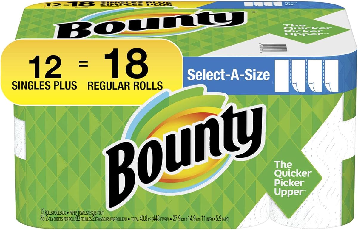 Bounty Select-A-Size Paper Towels, White, 12 Single Plus Rolls = 18 Regular Rolls