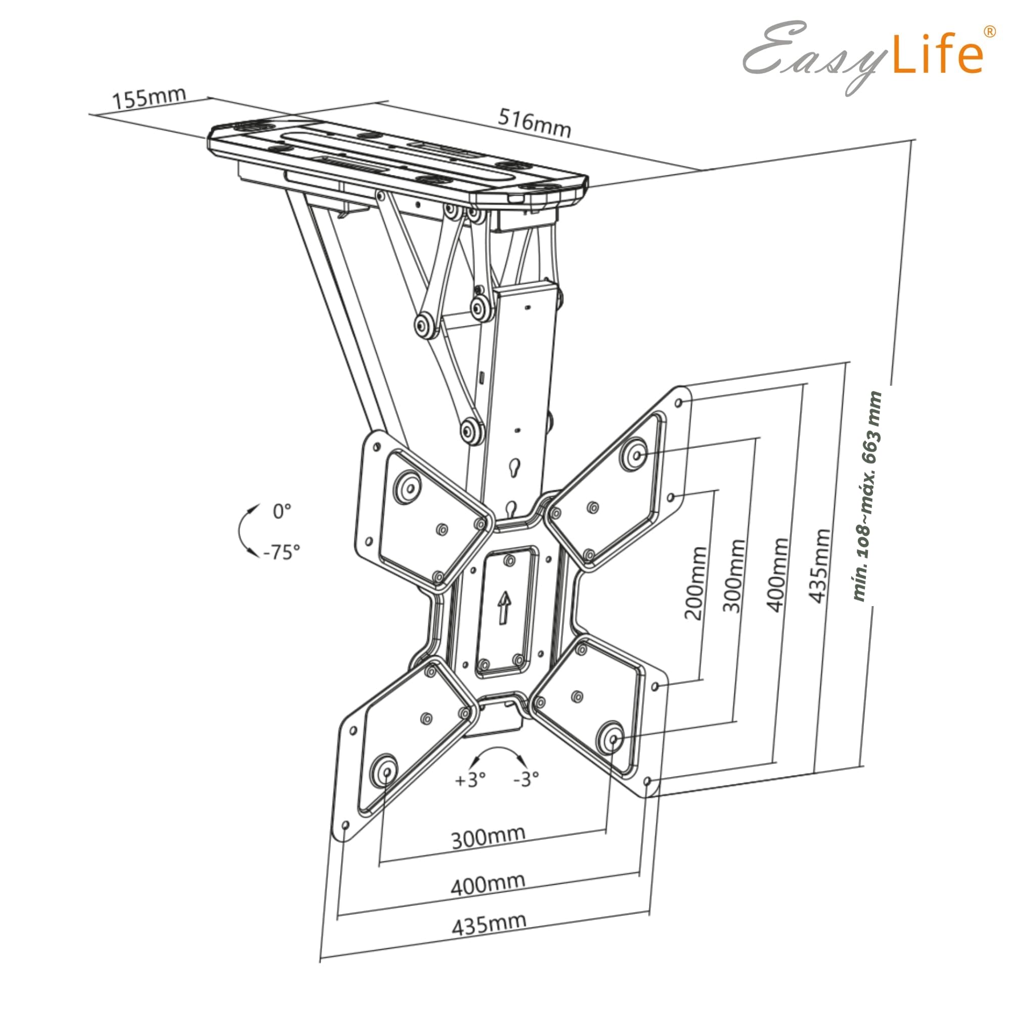 EasyLife Soporte de Techo para TV V2 con Eléctrico Y Giratorio, Integración Smart Home, de 37 A 75 Pulgadas, Soporte VESA hasta 600×400 para Televisores LCD/OLED, Monitores, Pantallas - Negro