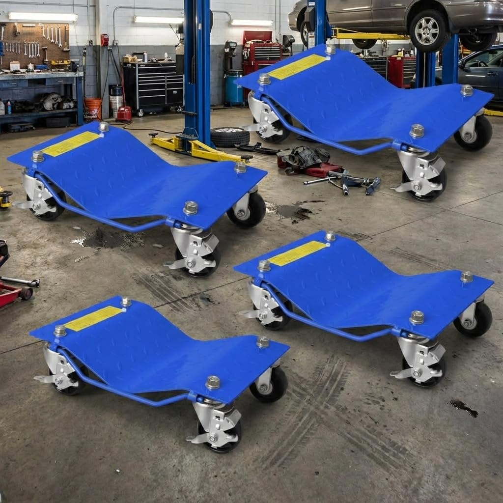 Garvee 1360Kg - 2Pcs Blue Car Wheel Dolly Set Of 4, 1360 Kg Tire Wheel Dollies With Lockable Casters & Handle, 4Mm Thick Steel Heavy Duty Vehicle Mover Tire Skates For Cars Trucks Motorcycles Auto Repair Moving -Blue