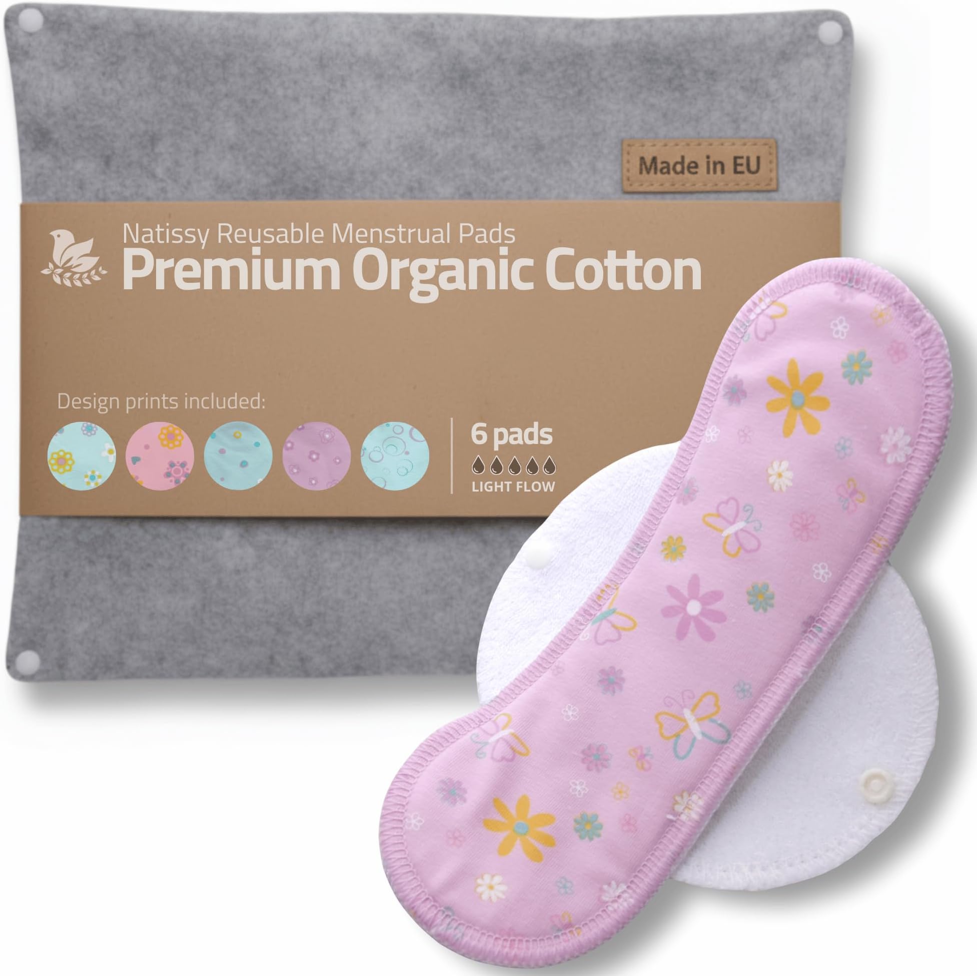 Made in EU – Reusable Sanitary Pads for Light Flow (6 Pack, S+M) – High-Temp Washable, Durable Cloth Period Pads for Women & Teens – Breathable Organic Cotton & Secure-Fit for Menstrual Comfort