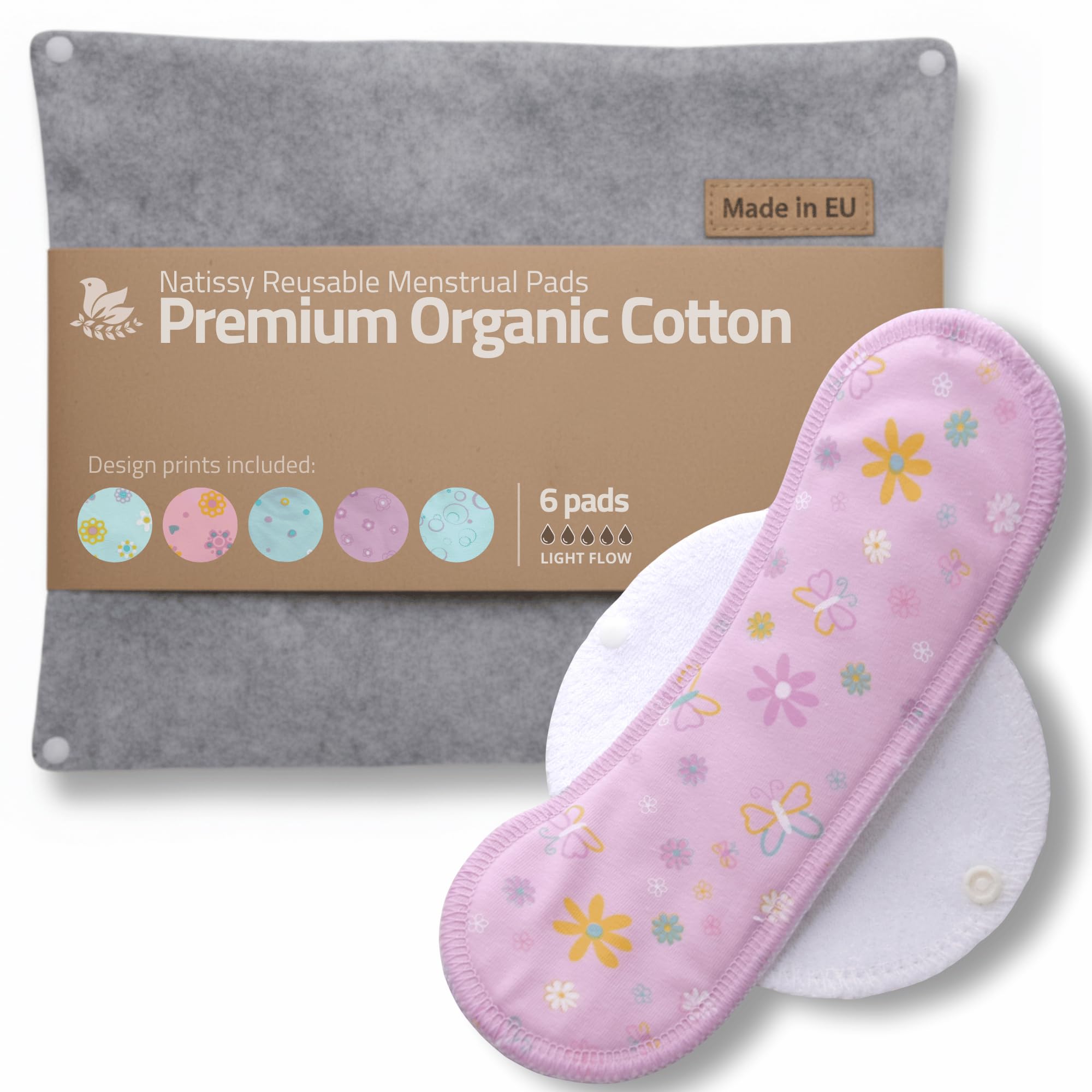 Made in EU – Reusable Sanitary Pads for Light Flow (6 Pack, S+M) – High-Temp Washable, Durable Cloth Period Pads for Women & Teens – Breathable Organic Cotton & Secure-Fit for Menstrual Comfort