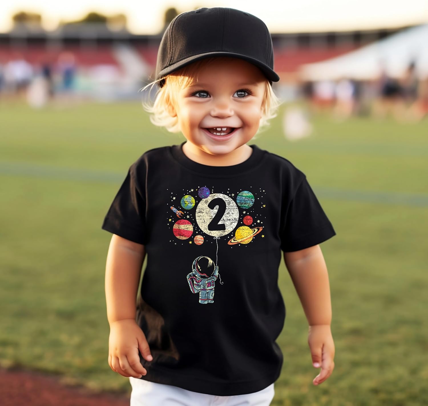 Olive Loves Apple 2nd Birthday Rocket Astronaut Themed T-Shirts with Moon Balloon and Planets for Boys and Girls