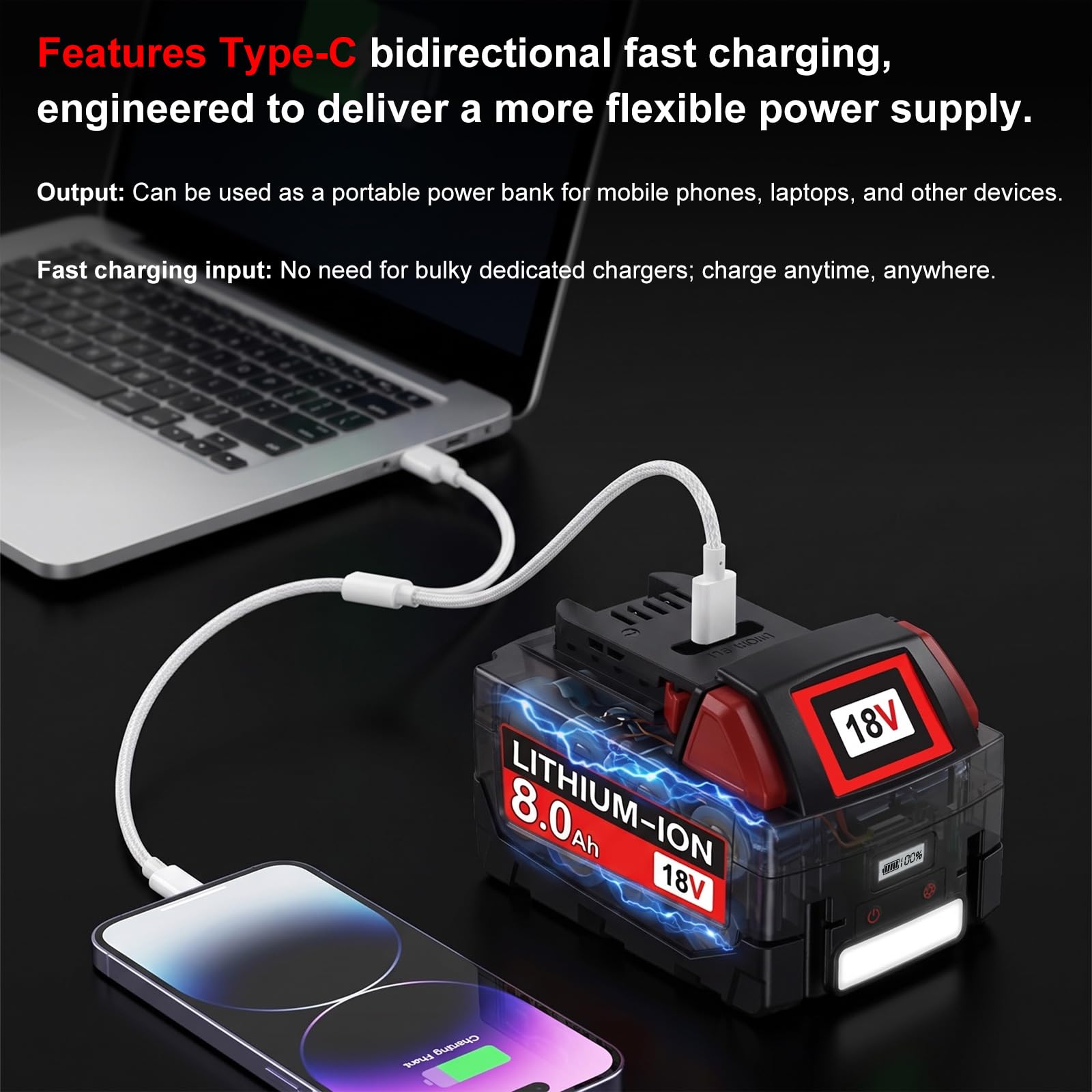 8.0Ah 18V Batterie pour Milwaukee M18, Port USB‑C PD 65W, Écran LCD