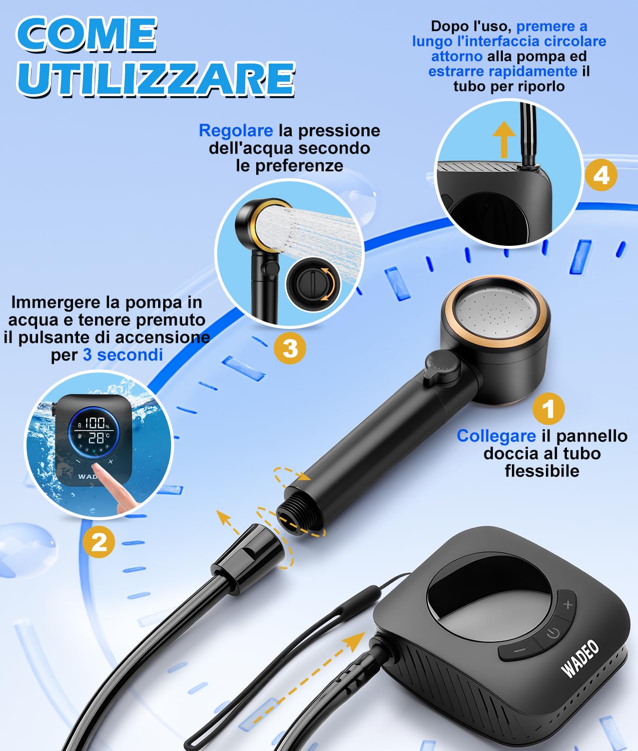 Doccia Portatile Da Campeggio, Pompa Per Doccia A 5 Lati Ricaricabile Da 8000 Mah Secchio Pieghevole Da 5 Galloni Soffione Per Doccia Da Esterno Per Es P13075326
