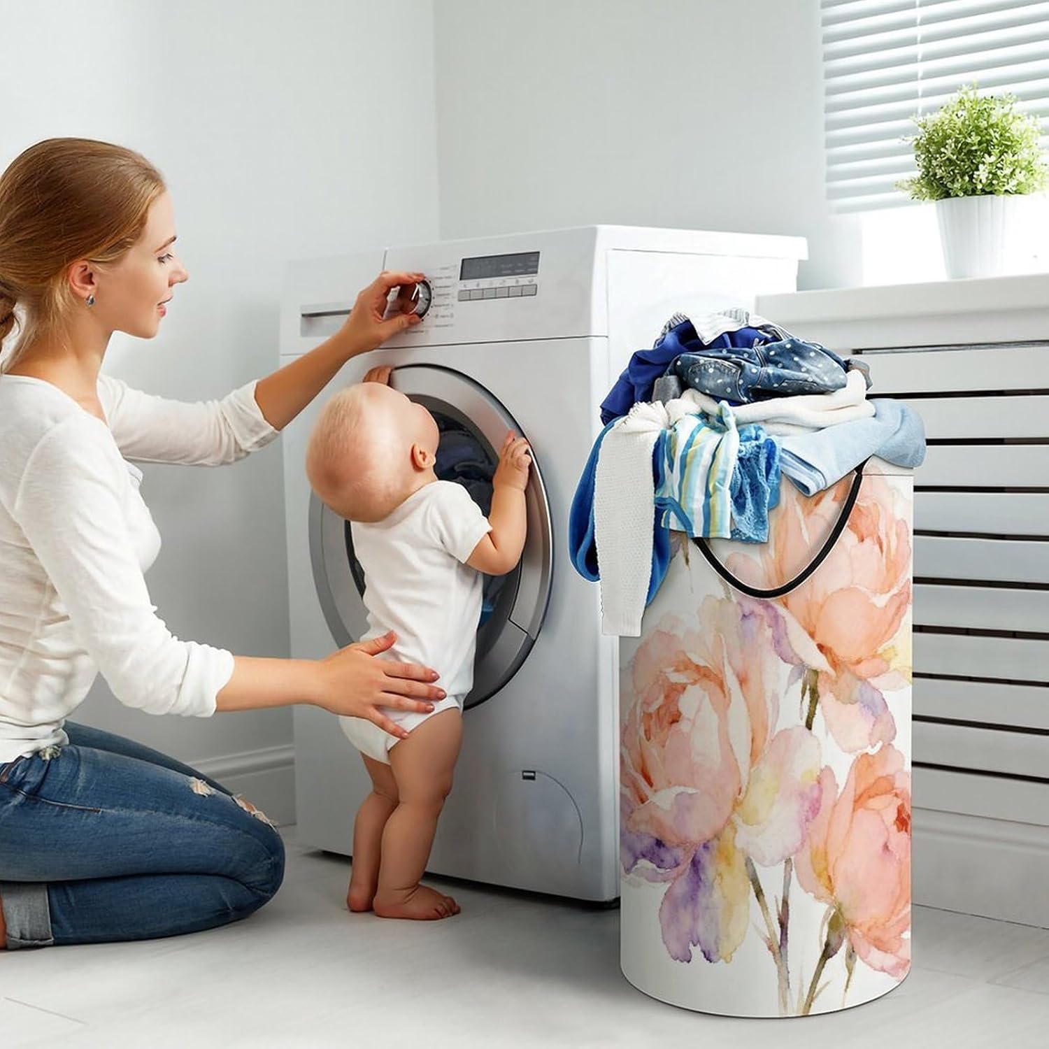 Floral Apricot Multicolored Laundry Hamper with Handles Waterproof Collapsible Laundry Basket Large Lightweight Round Dirty Clothes Hamper for Home Dorm Bathroom Decor