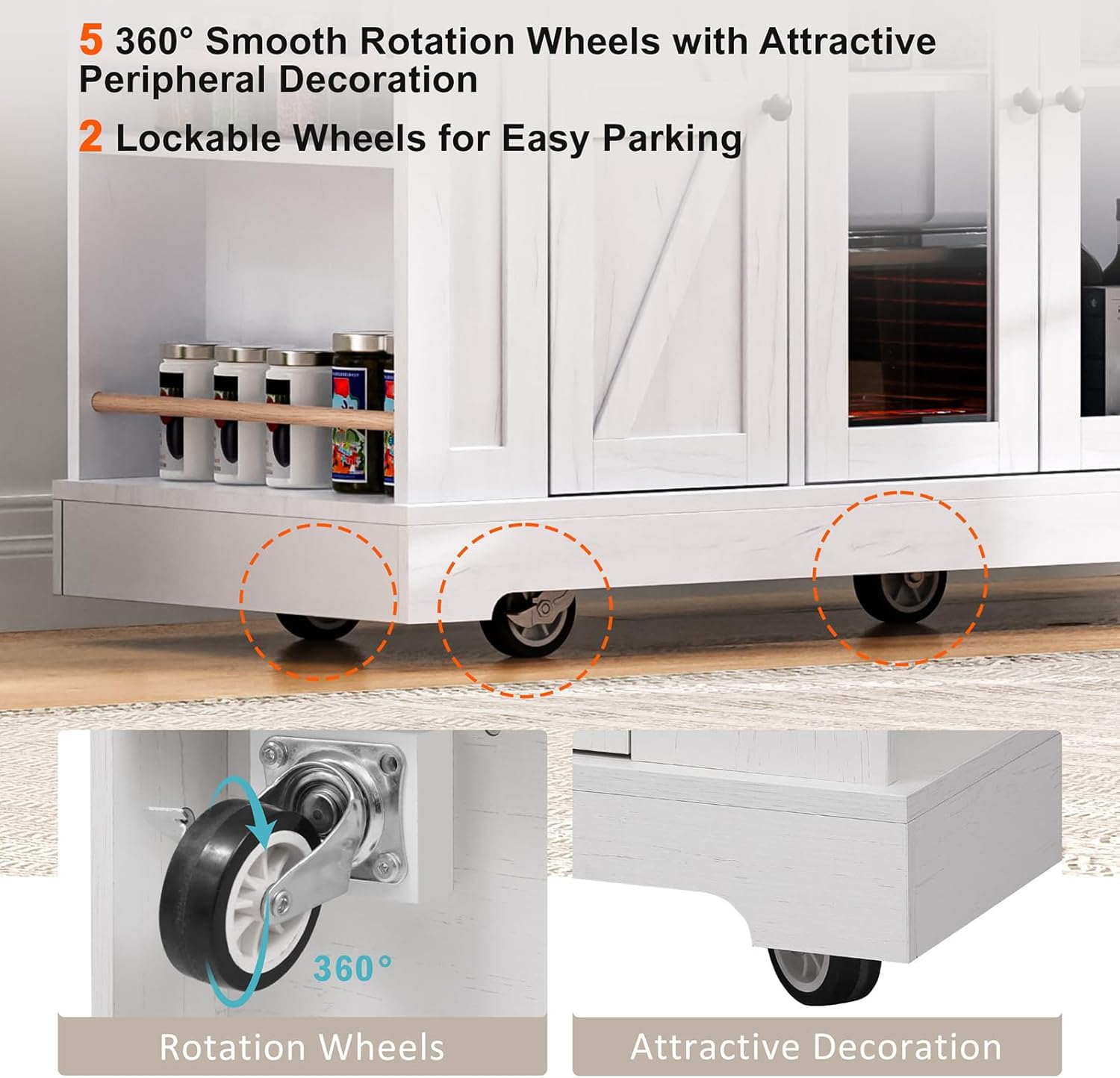 Close-up of the kitchen island's wheels, showing 360-degree rotation and the attractive peripheral decoration.