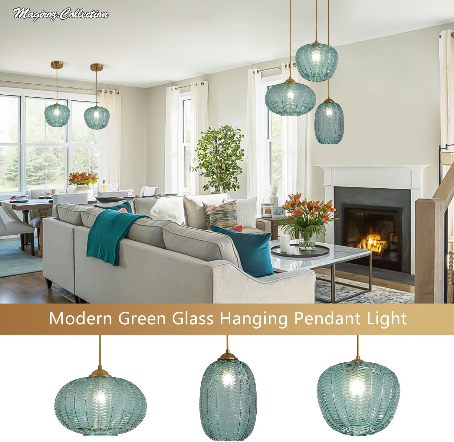 1 Light Modern Large Green Glass Pendant Lights Kitchen Island Vintage Brushed Gold Globe Bathroom Pendant Lighting Adjustable Brass Hanging Ceiling Light for Living Dining Room Sink MPL36G-C