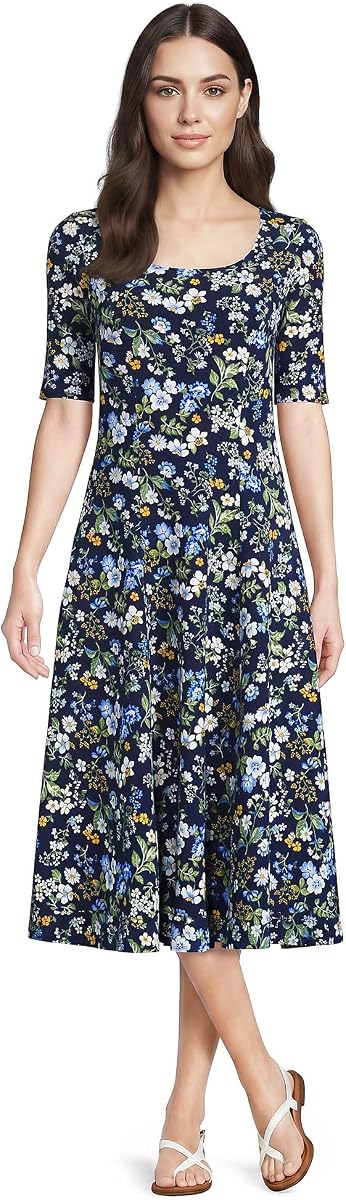 Women's Starfish Elbow Sleeve Midi Fit and Flare Dress