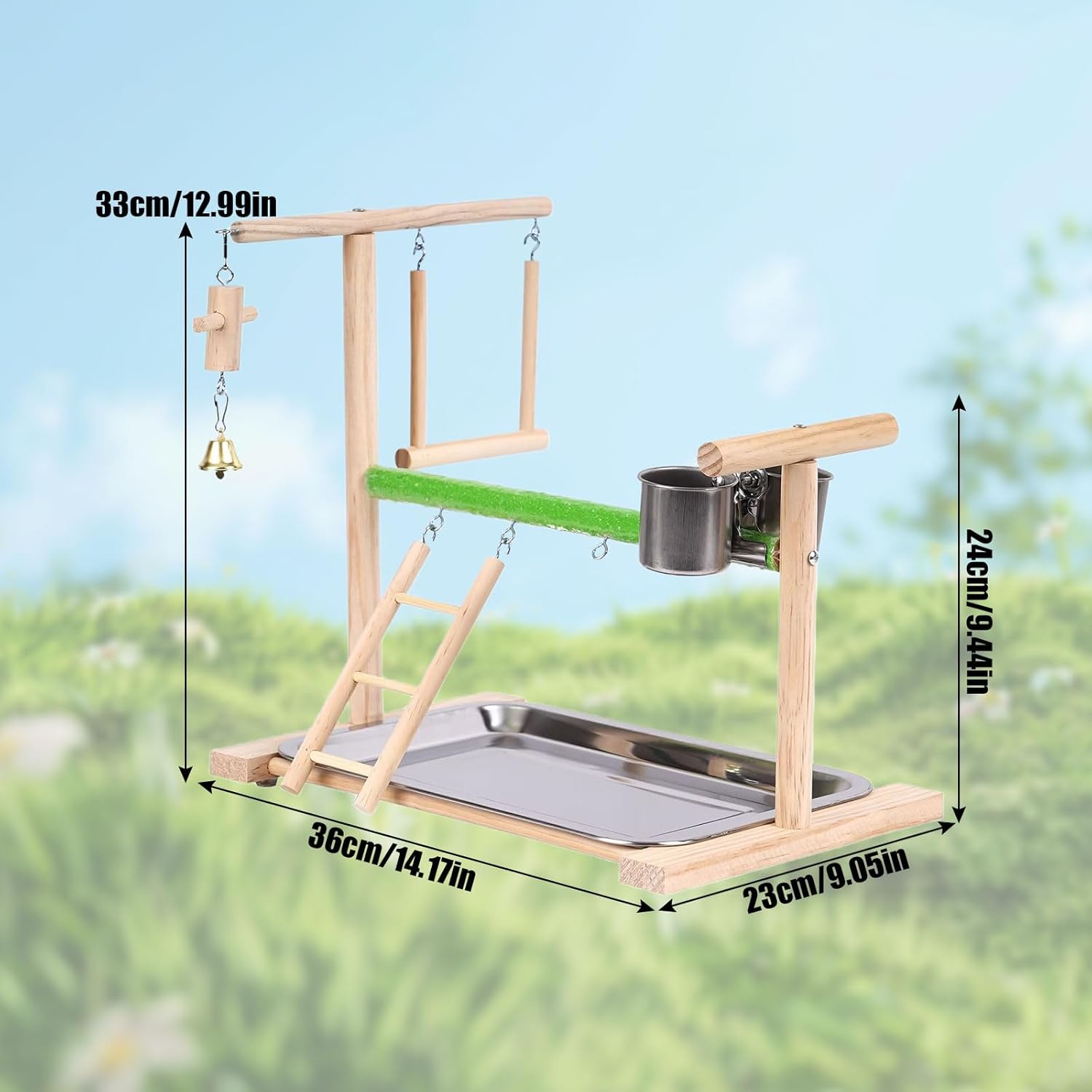 Bird Playground, Natural Wood Bird Perch Stand with Removable Tray and 2 Stainless Steel Feeder Cups, Parrot Playstand Bird Cage Toys for Conure Parakeet Cockatiel Parrot (C)