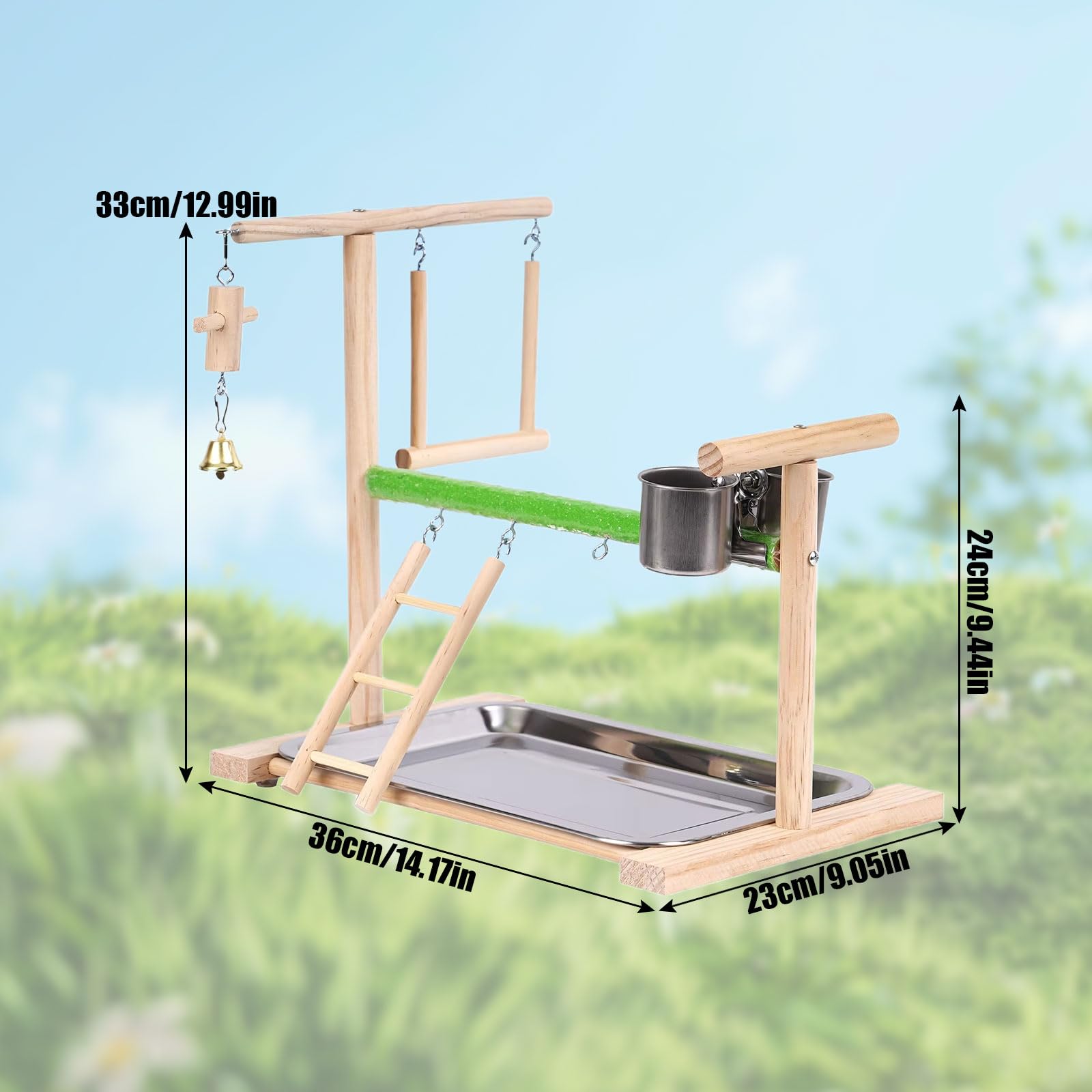 Parrot Toys, Wooden Bird Playground Parrot Perch Stand with Tray Feeder Cup Ladder Swing Toys - Image 2