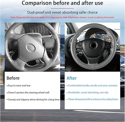 Miniatura 10 de Kewucn Funda de cuero genuino para volante, protector universal de 15 pulgadas para volante de automóvil con hilo de aguja, funda transpirable