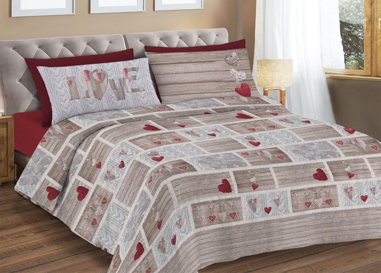 PELLECCHIA 1969 | Parure Copripiumino Matrimoniale 100% Cotone, Completo di Sacco 250x200cm e 2 Federe 52x82cm, Made in Italy Fantasia (Shabby Love Rosso, Matrimoniale)