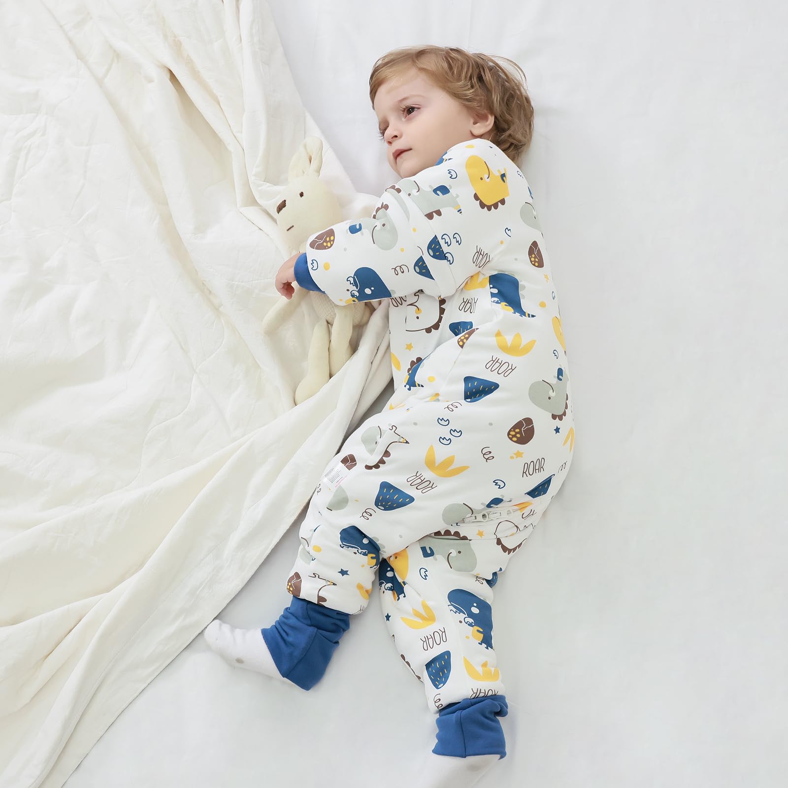 Gigoteuse pour Bébé avec Pieds, Manches Amovibles et Chaussettes - Gigoteuse Tog 3.5 Coton - Turbulette Hiver pour Bébé, Fille Garçon-Bébés Dinosaures (18-36 Mois)