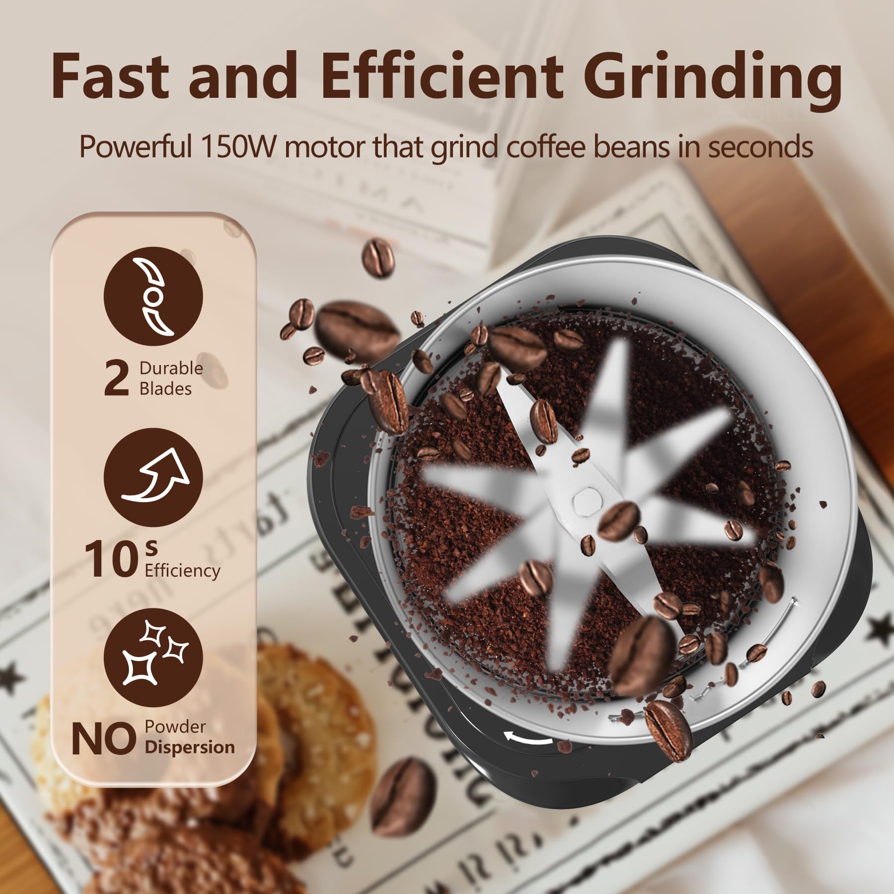 OMISOON Macina Caffe' Elettrico 150W, Macinacaffè Elettrico con Contenitori Rimovibili in acciaio inossidabile, 60g Capacità, per Chicchi di Caffè, Spezie, Cereali, Pepe, Noci